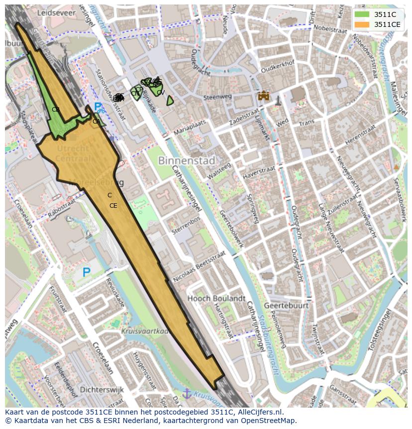 Afbeelding van het postcodegebied 3511 CE op de kaart.