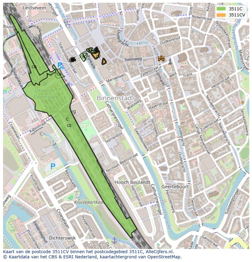 Afbeelding van het postcodegebied 3511 CV op de kaart.