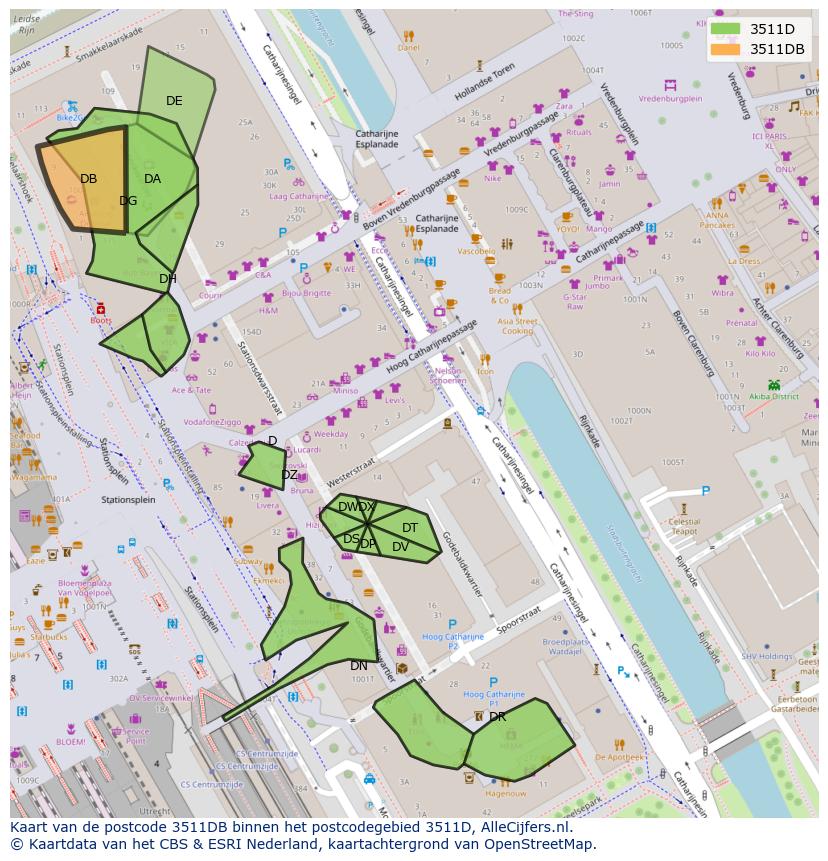 Afbeelding van het postcodegebied 3511 DB op de kaart.