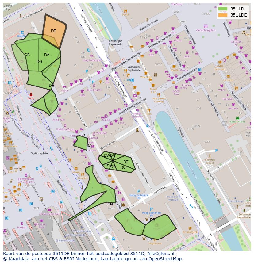Afbeelding van het postcodegebied 3511 DE op de kaart.