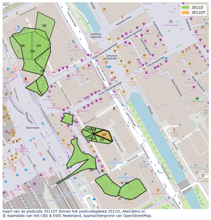 Afbeelding van het postcodegebied 3511 DT op de kaart.