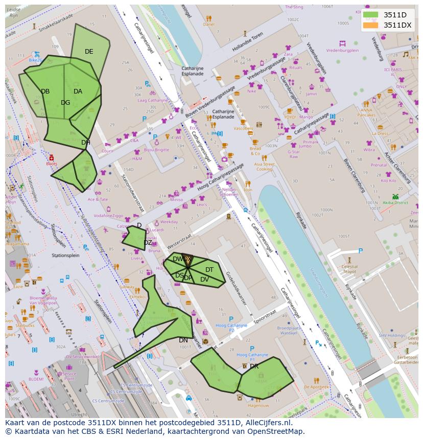 Afbeelding van het postcodegebied 3511 DX op de kaart.