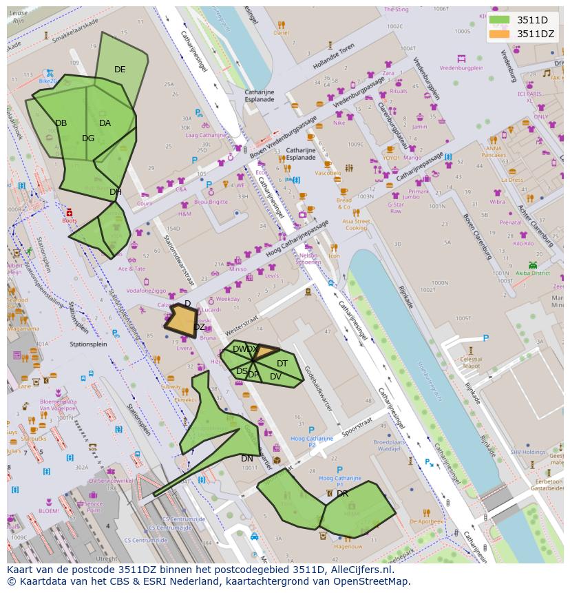 Afbeelding van het postcodegebied 3511 DZ op de kaart.
