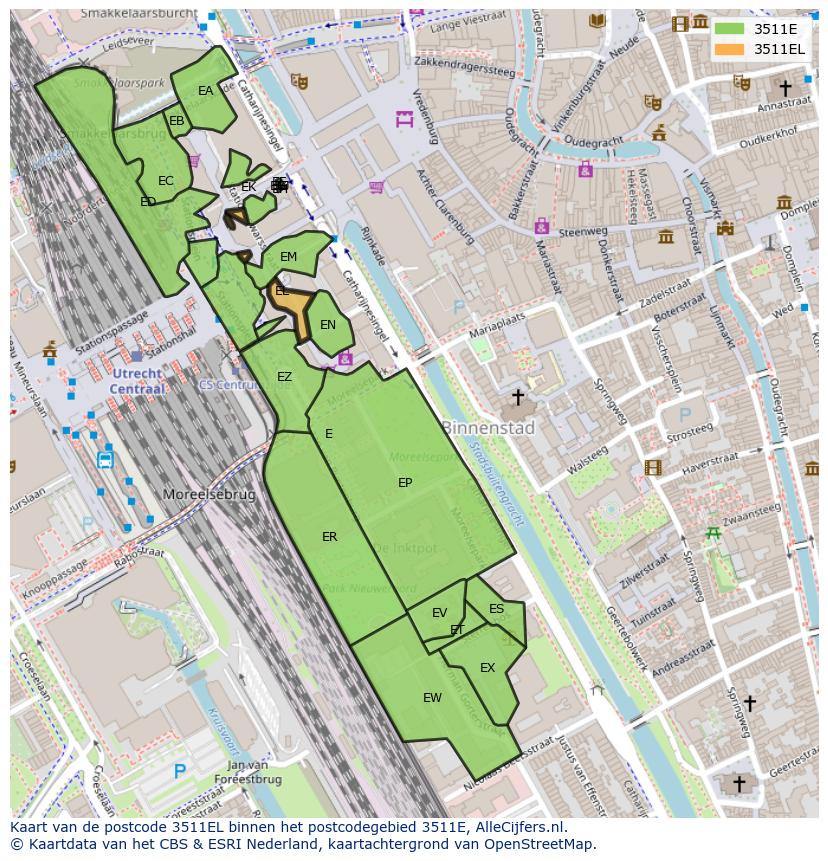 Afbeelding van het postcodegebied 3511 EL op de kaart.