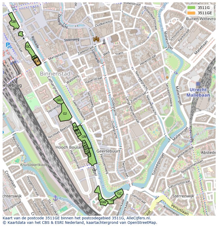 Afbeelding van het postcodegebied 3511 GE op de kaart.