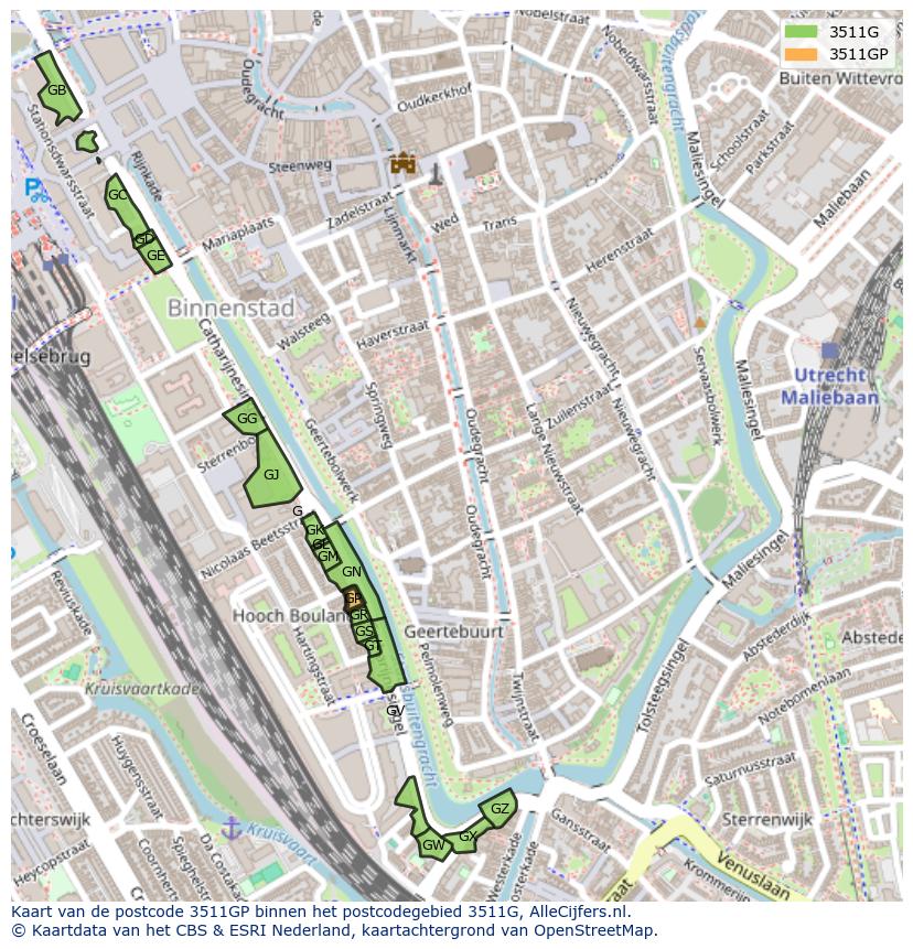 Afbeelding van het postcodegebied 3511 GP op de kaart.
