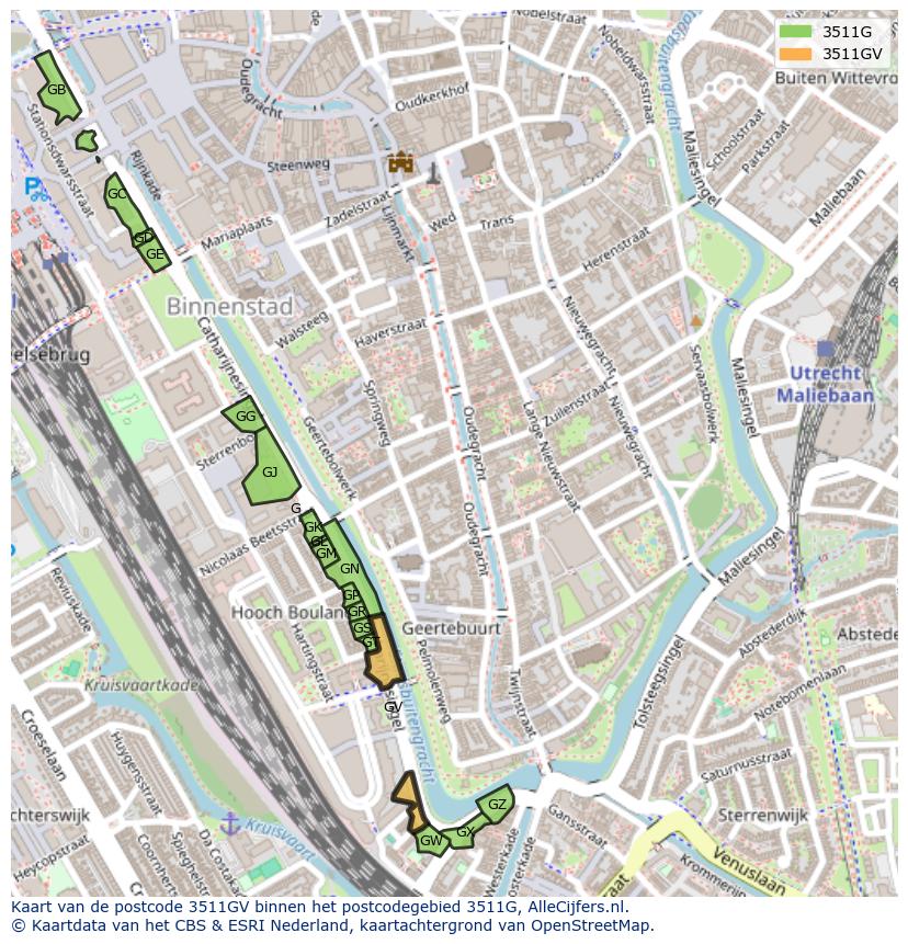 Afbeelding van het postcodegebied 3511 GV op de kaart.