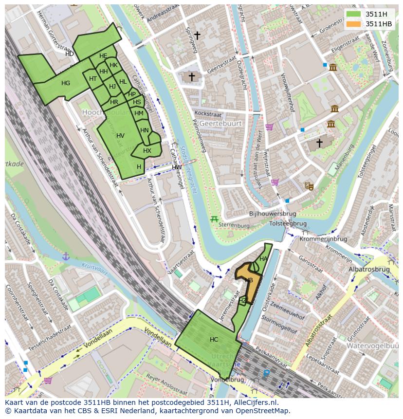 Afbeelding van het postcodegebied 3511 HB op de kaart.