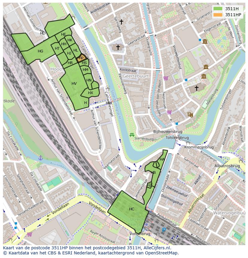 Afbeelding van het postcodegebied 3511 HP op de kaart.