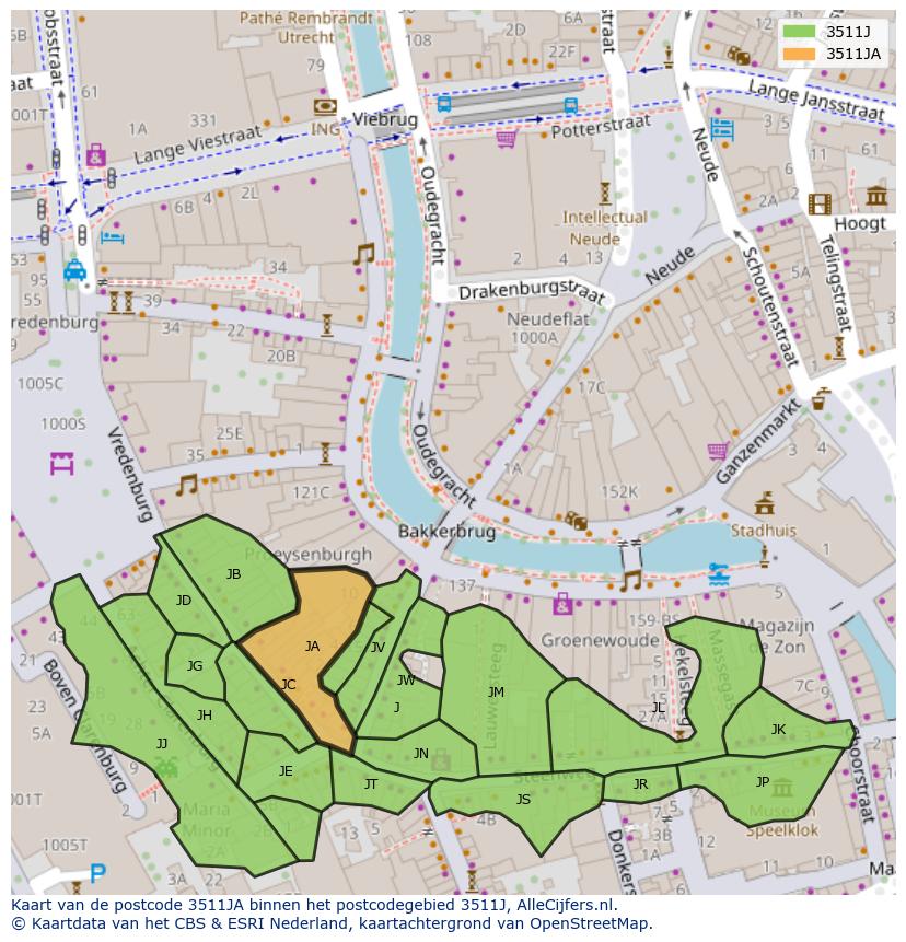 Afbeelding van het postcodegebied 3511 JA op de kaart.