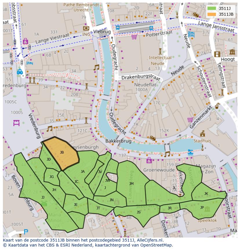 Afbeelding van het postcodegebied 3511 JB op de kaart.