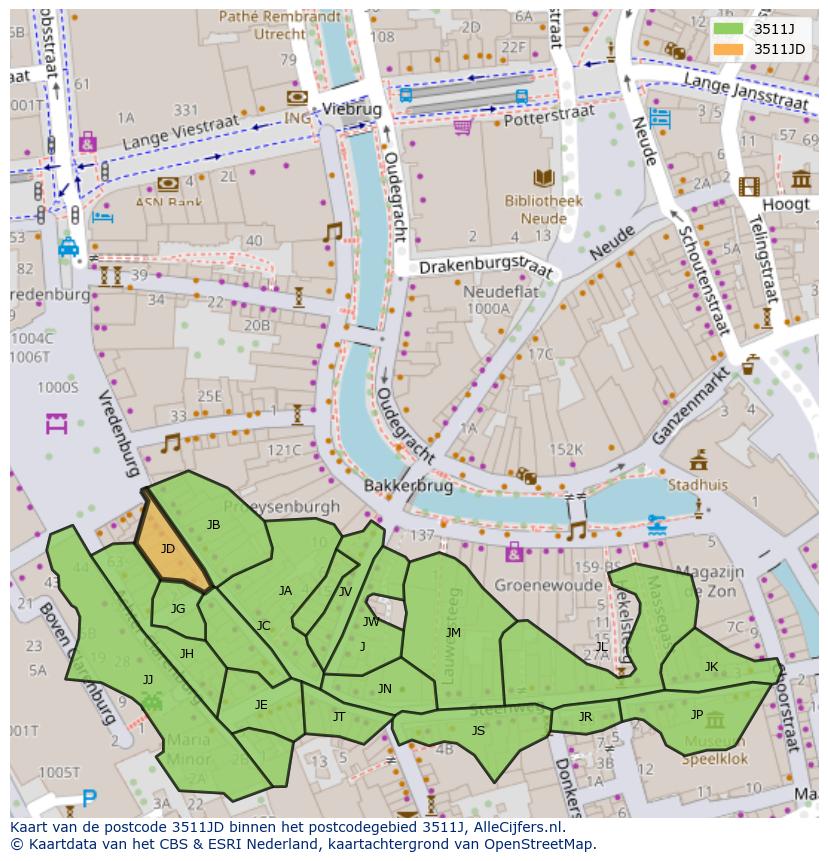 Afbeelding van het postcodegebied 3511 JD op de kaart.