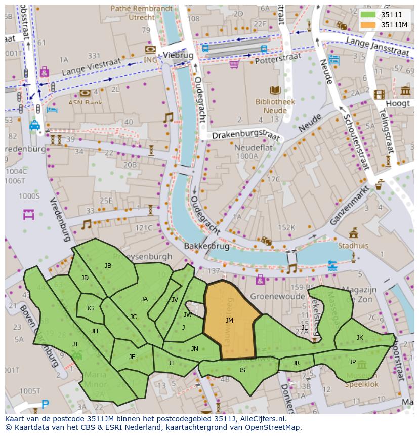 Afbeelding van het postcodegebied 3511 JM op de kaart.