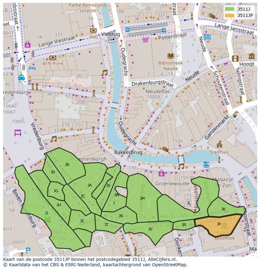 Afbeelding van het postcodegebied 3511 JP op de kaart.