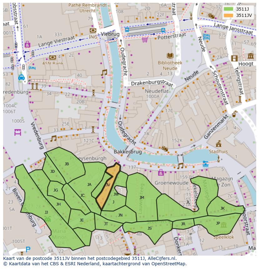 Afbeelding van het postcodegebied 3511 JV op de kaart.
