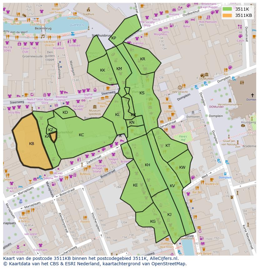 Afbeelding van het postcodegebied 3511 KB op de kaart.