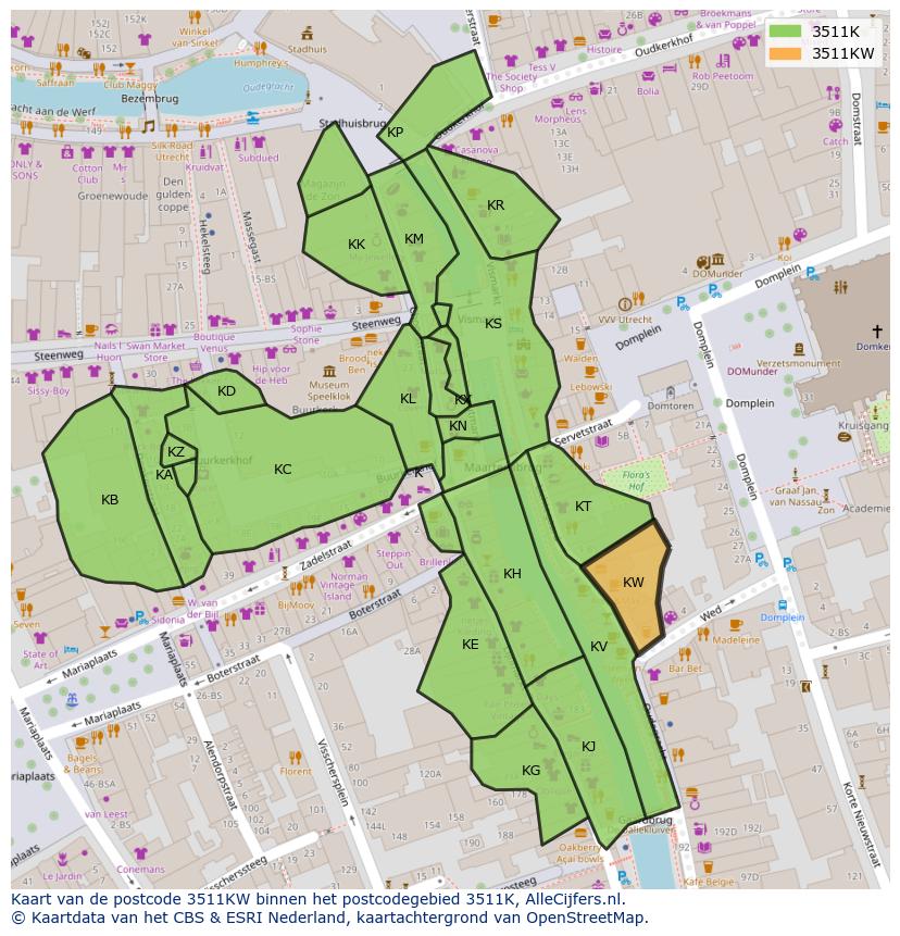 Afbeelding van het postcodegebied 3511 KW op de kaart.