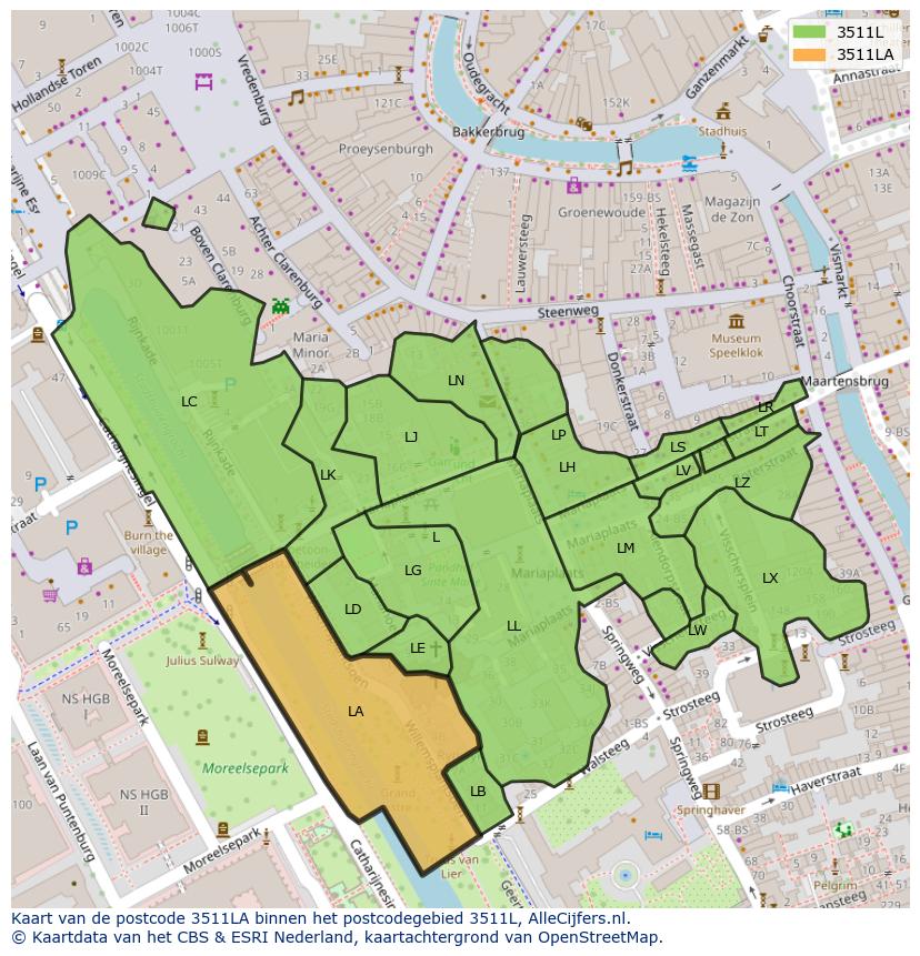 Afbeelding van het postcodegebied 3511 LA op de kaart.