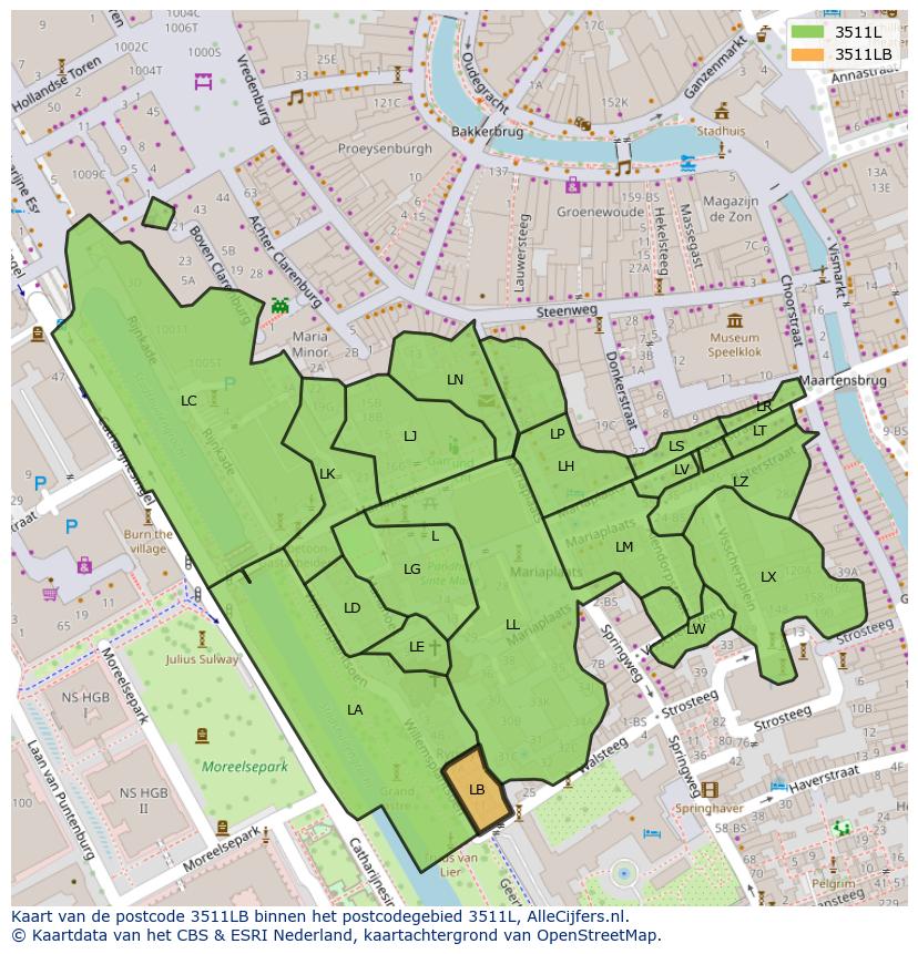 Afbeelding van het postcodegebied 3511 LB op de kaart.