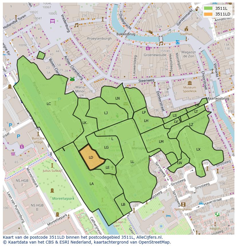 Afbeelding van het postcodegebied 3511 LD op de kaart.