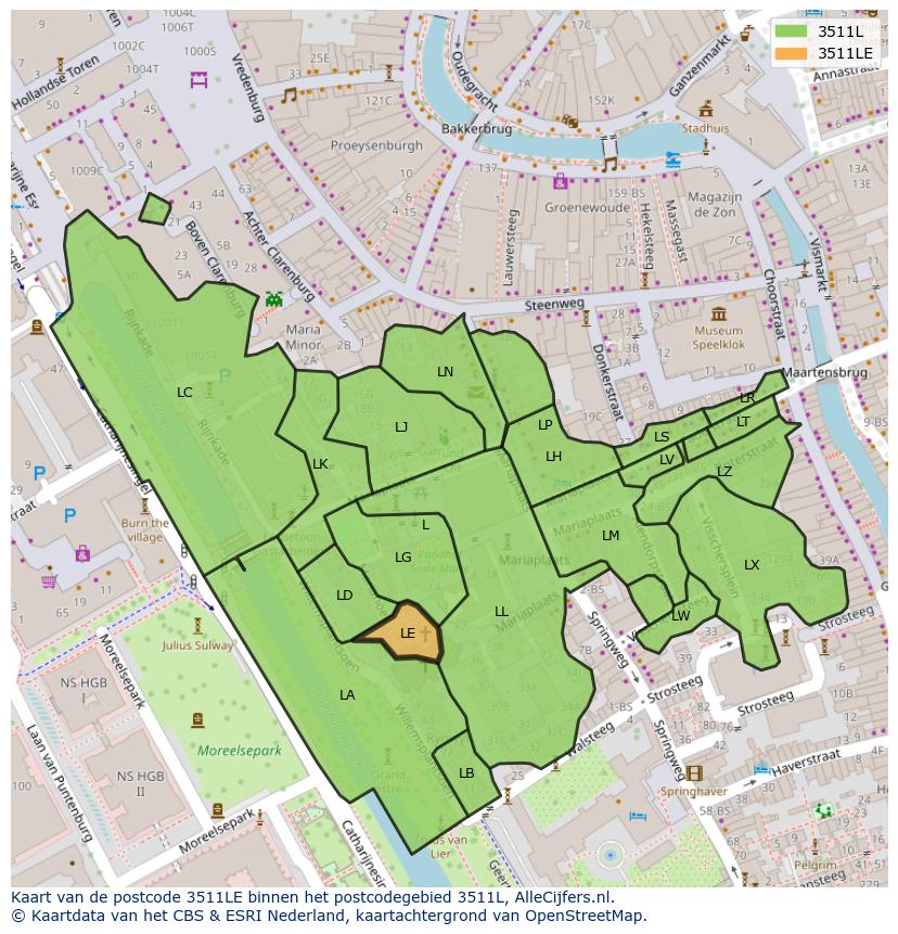 Afbeelding van het postcodegebied 3511 LE op de kaart.