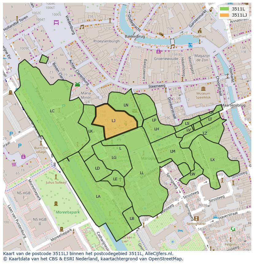 Afbeelding van het postcodegebied 3511 LJ op de kaart.