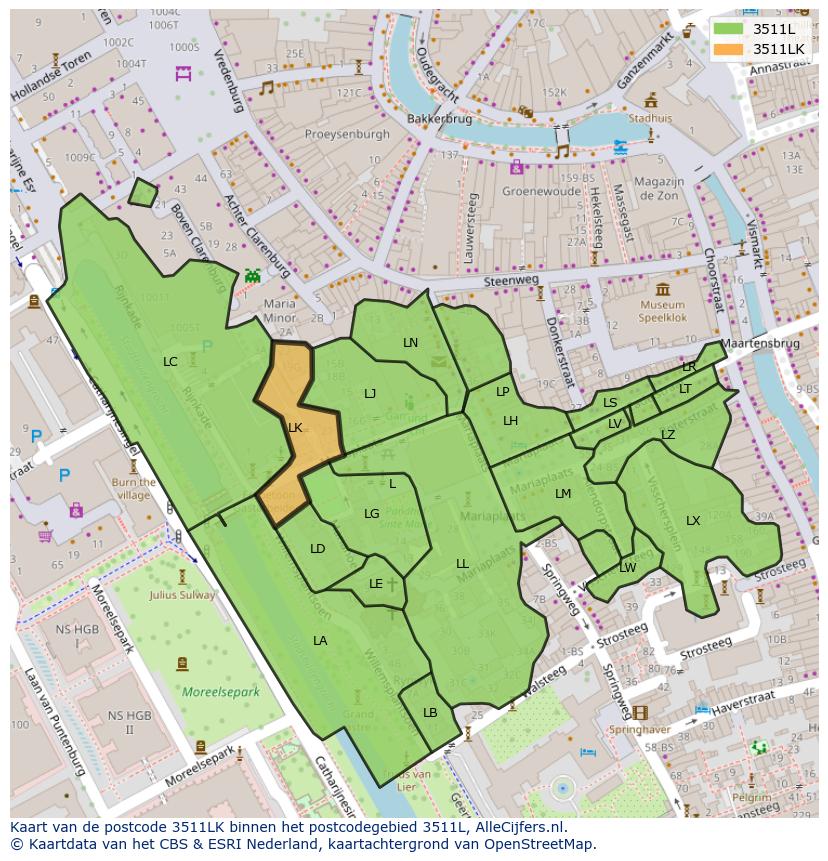 Afbeelding van het postcodegebied 3511 LK op de kaart.