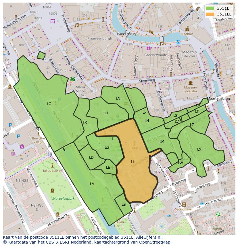Afbeelding van het postcodegebied 3511 LL op de kaart.