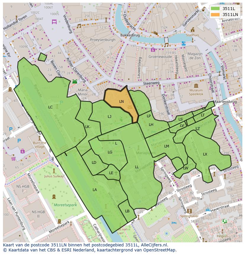 Afbeelding van het postcodegebied 3511 LN op de kaart.