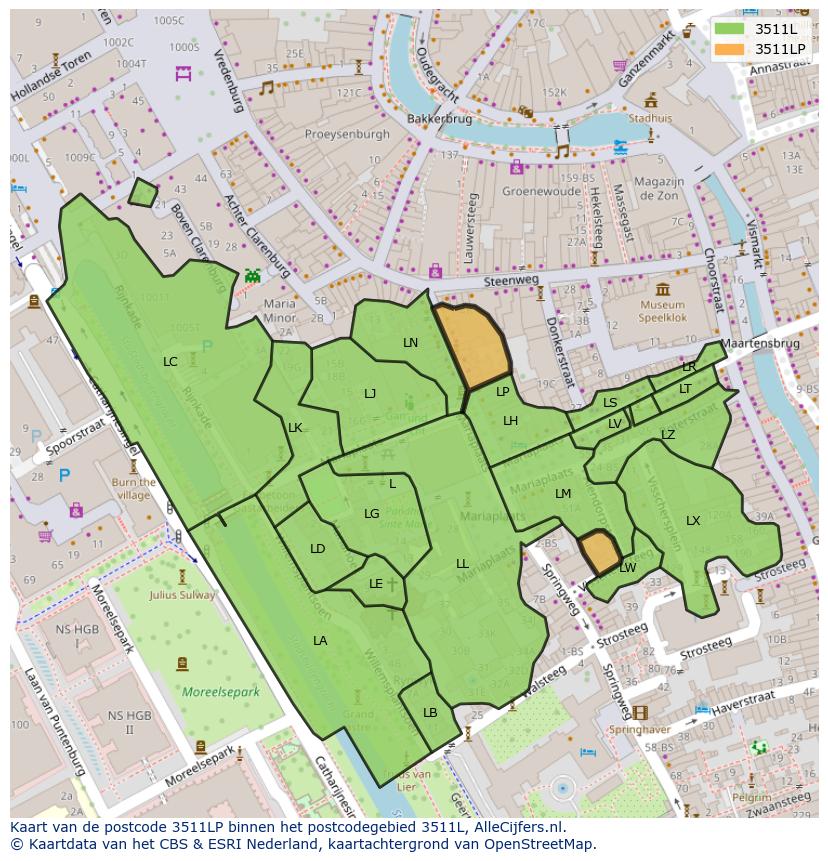 Afbeelding van het postcodegebied 3511 LP op de kaart.