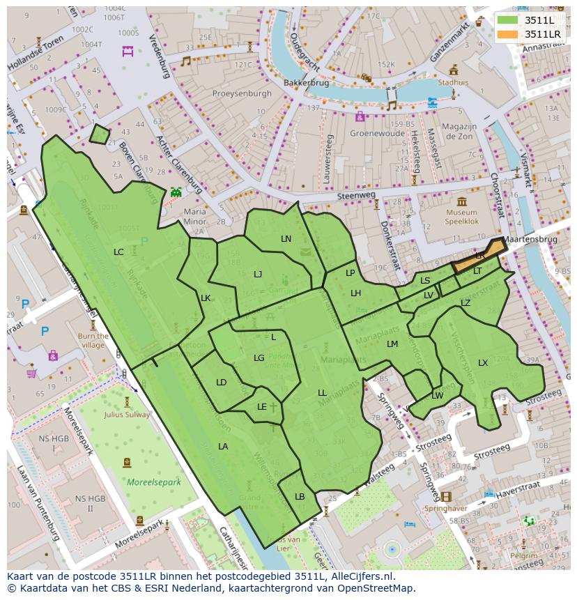 Afbeelding van het postcodegebied 3511 LR op de kaart.