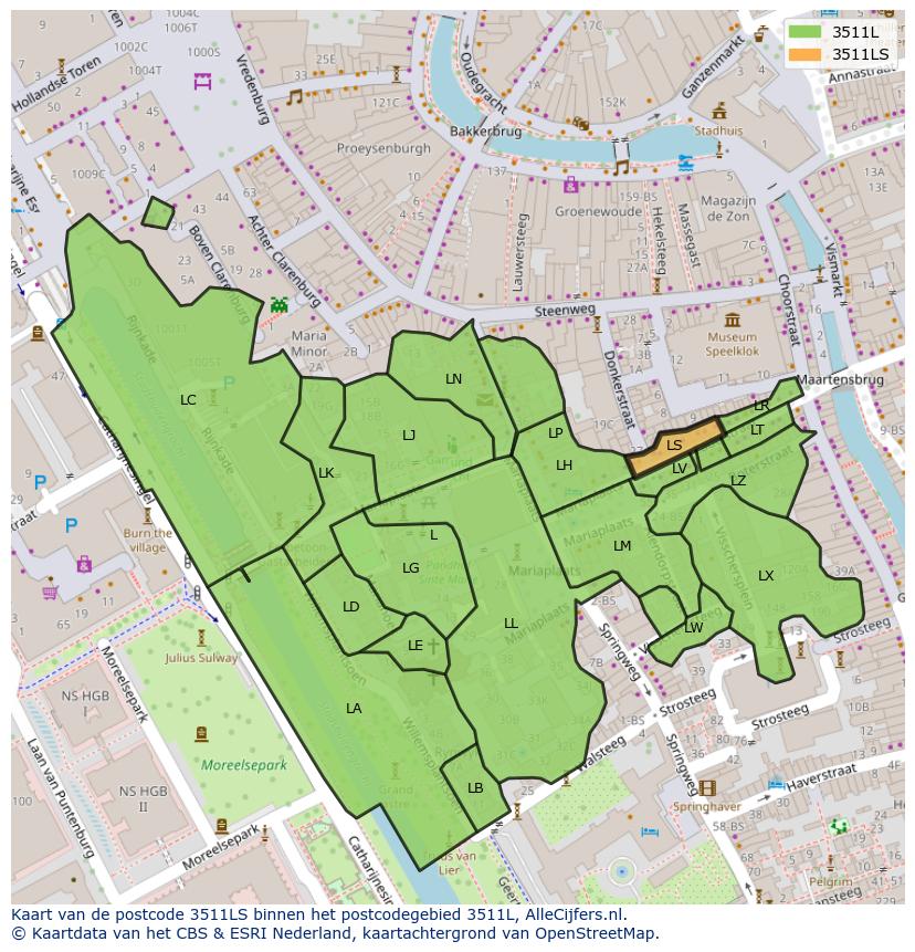 Afbeelding van het postcodegebied 3511 LS op de kaart.