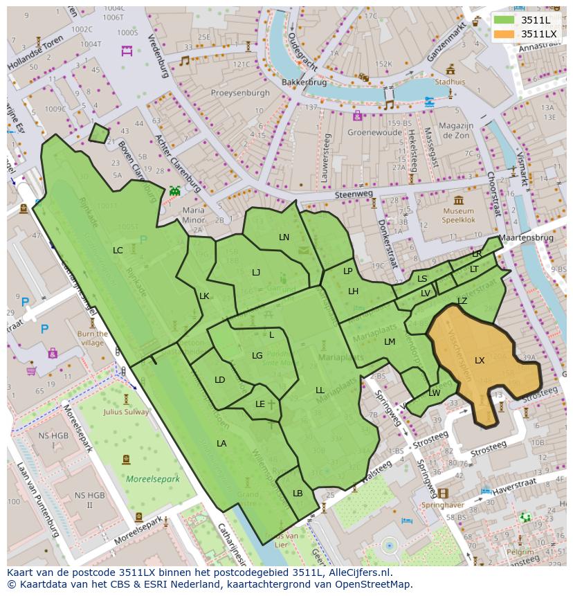 Afbeelding van het postcodegebied 3511 LX op de kaart.
