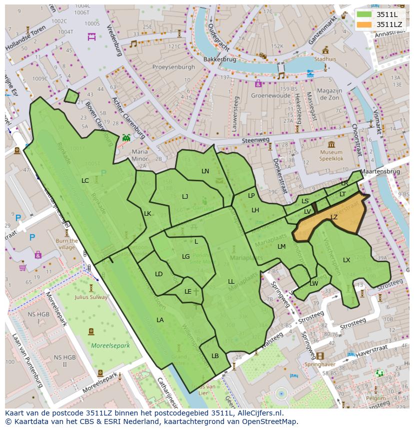 Afbeelding van het postcodegebied 3511 LZ op de kaart.