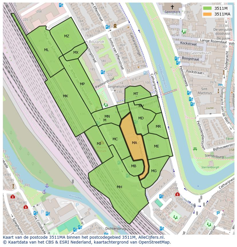 Afbeelding van het postcodegebied 3511 MA op de kaart.