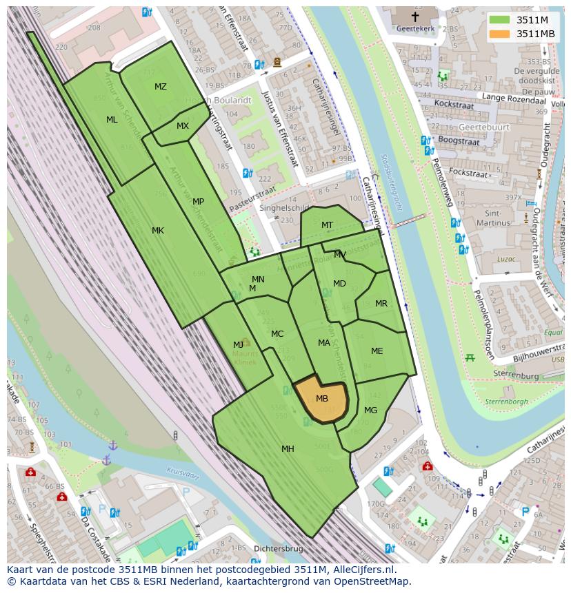 Afbeelding van het postcodegebied 3511 MB op de kaart.