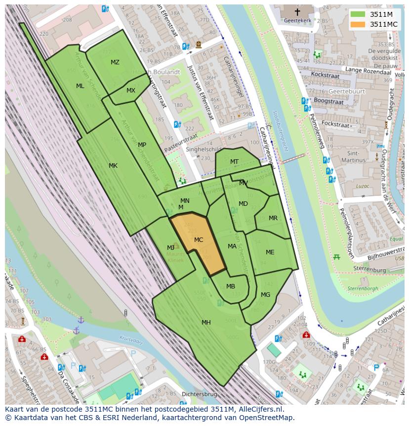 Afbeelding van het postcodegebied 3511 MC op de kaart.