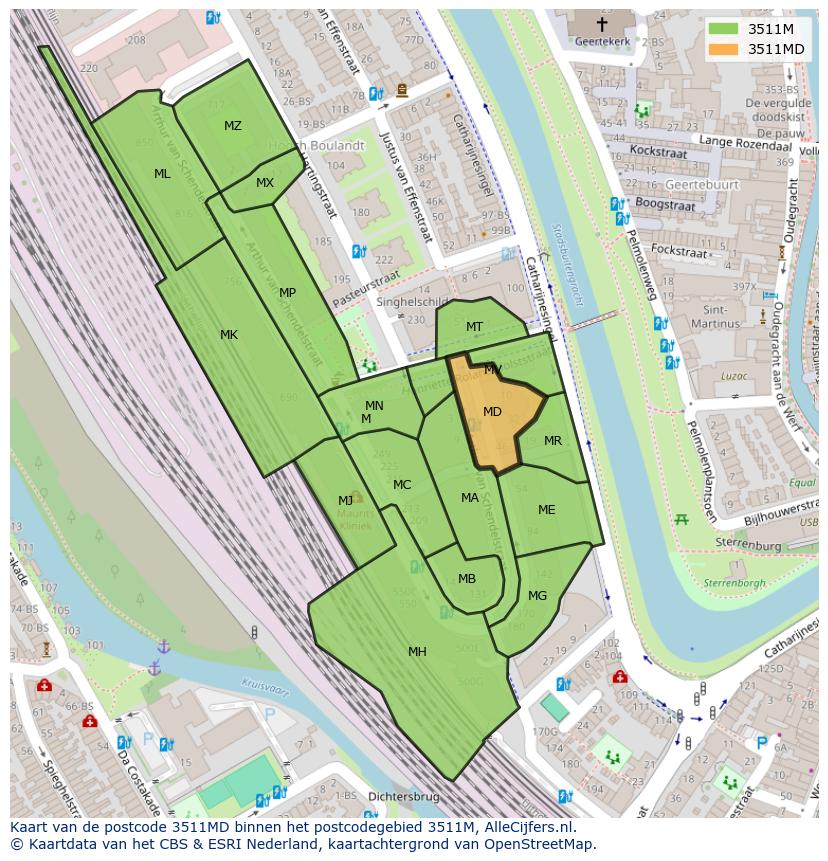 Afbeelding van het postcodegebied 3511 MD op de kaart.