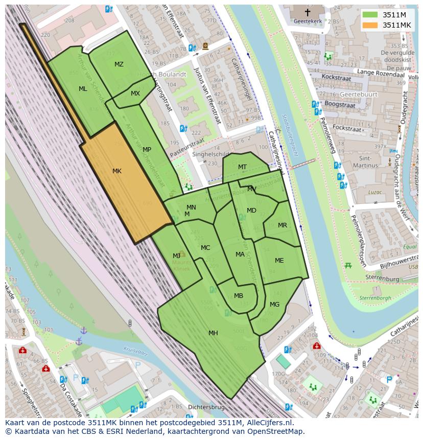 Afbeelding van het postcodegebied 3511 MK op de kaart.