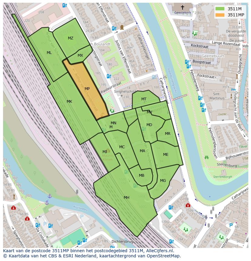 Afbeelding van het postcodegebied 3511 MP op de kaart.