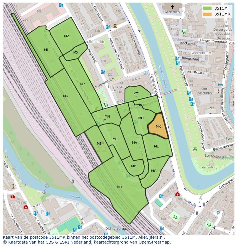 Afbeelding van het postcodegebied 3511 MR op de kaart.