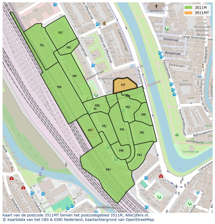Afbeelding van het postcodegebied 3511 MT op de kaart.