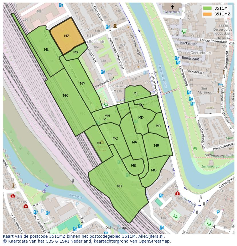 Afbeelding van het postcodegebied 3511 MZ op de kaart.