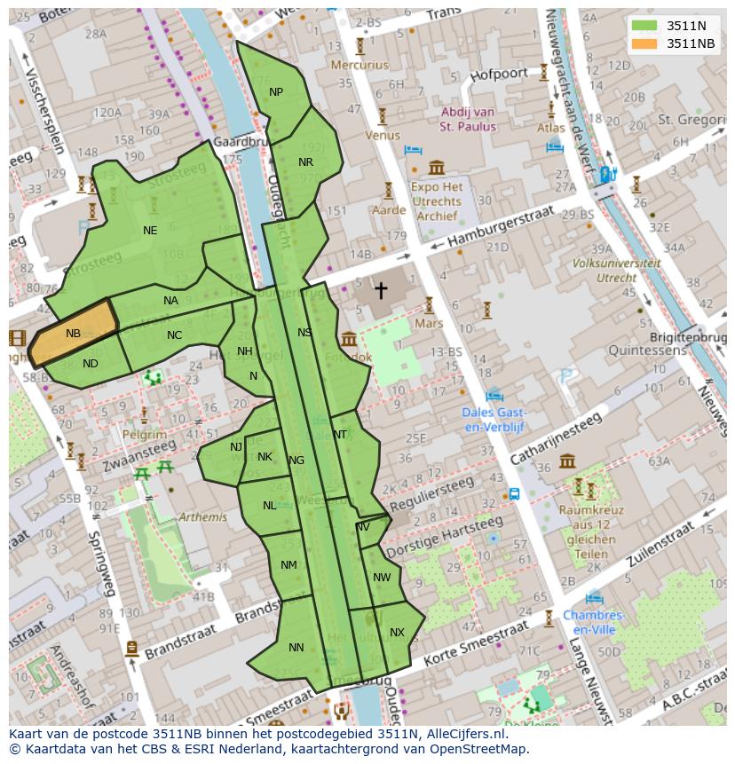 Afbeelding van het postcodegebied 3511 NB op de kaart.