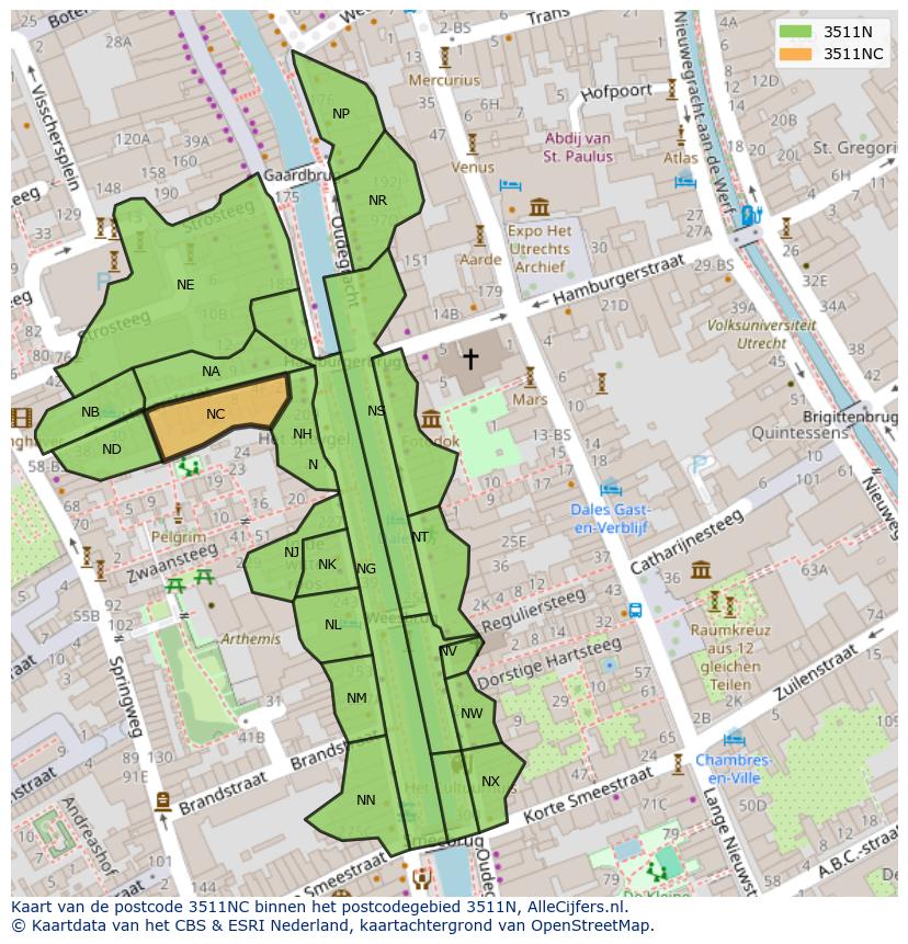 Afbeelding van het postcodegebied 3511 NC op de kaart.