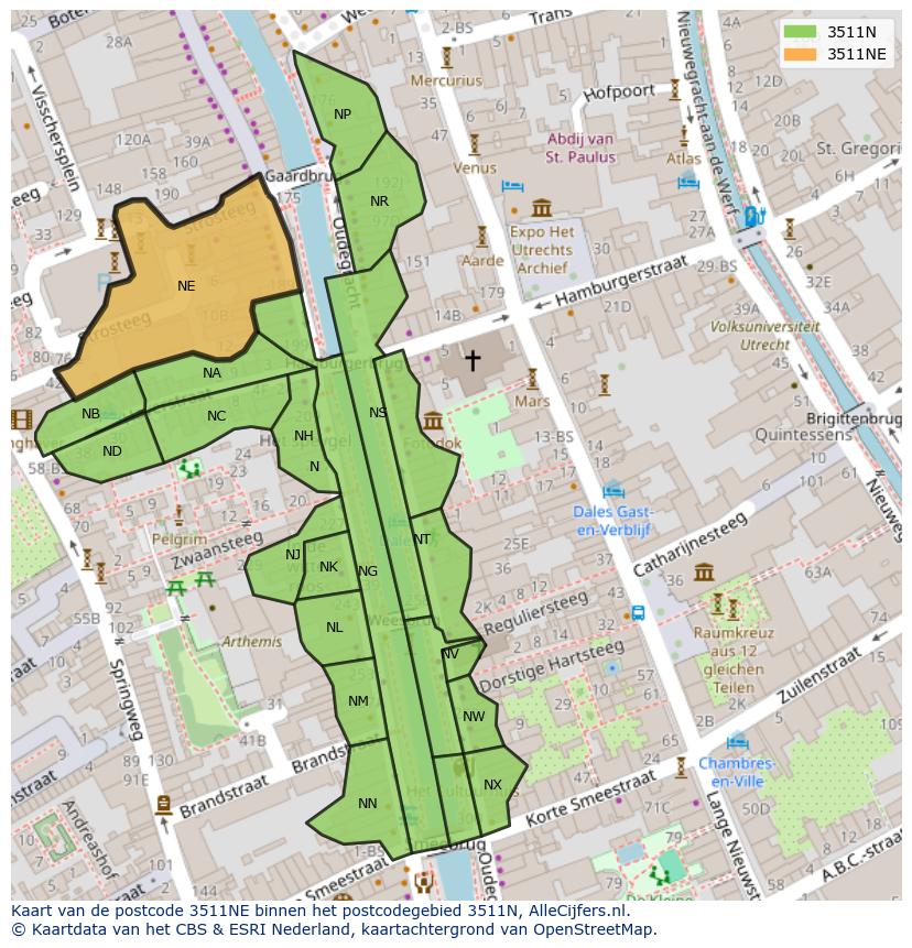 Afbeelding van het postcodegebied 3511 NE op de kaart.