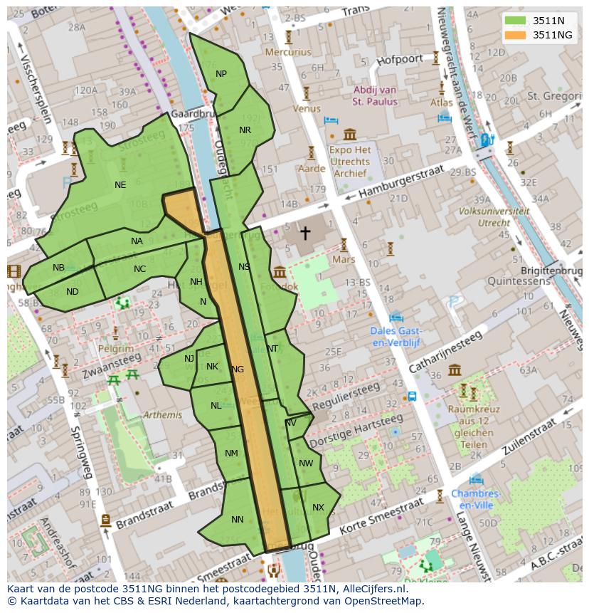 Afbeelding van het postcodegebied 3511 NG op de kaart.