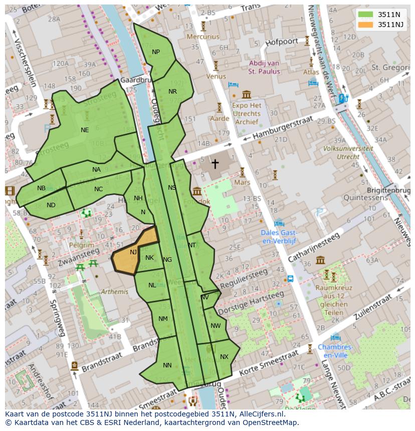 Afbeelding van het postcodegebied 3511 NJ op de kaart.