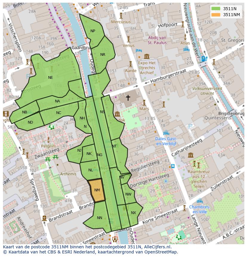 Afbeelding van het postcodegebied 3511 NM op de kaart.