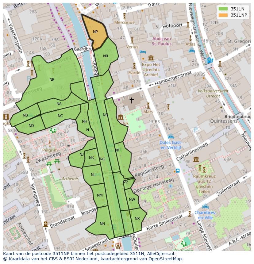 Afbeelding van het postcodegebied 3511 NP op de kaart.